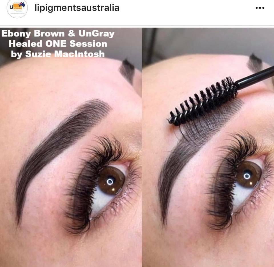 Healed brow results from one session using Aqua Ebony Brown and UnGray by Suzie MacIntosh.