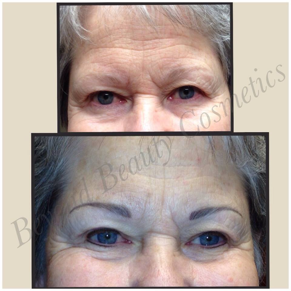 efore and after photos showing healed gray eyebrow results using Aqua Ekimo Gray pigment for cool-toned PMU clients.