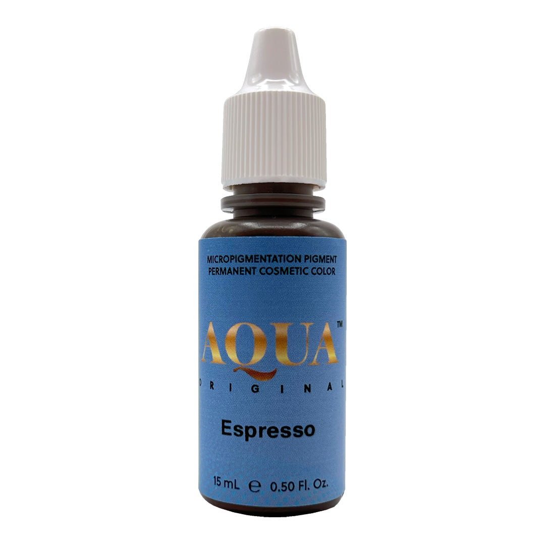 Aqua Original Espresso pigment bottle for permanent makeup procedures, a rich dark brown shade ideal for brows and hairstrokes.