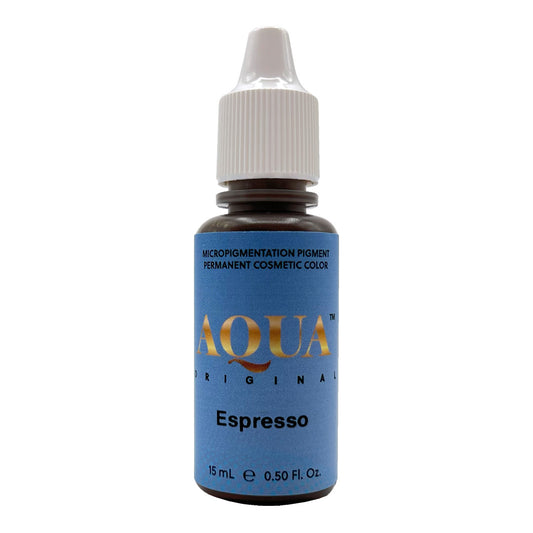 Aqua Original Espresso pigment bottle for permanent makeup procedures, a rich dark brown shade ideal for brows and hairstrokes.