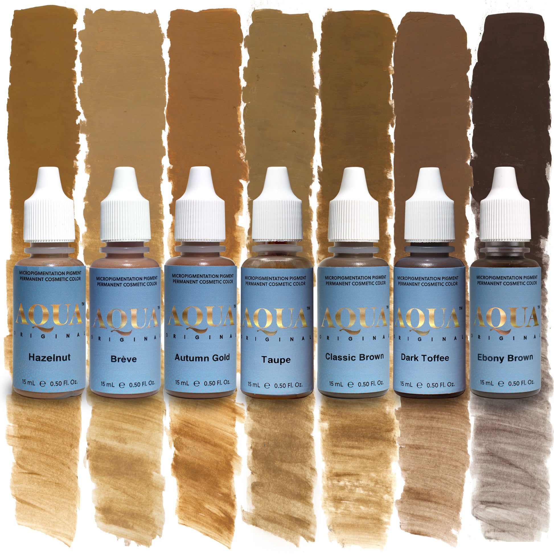 Aqua Global hybrid brow pigment collection with a full range of light to dark shades for permanent makeup artists, including Hazelnut, Brève, Autumn Gold, Taupe, Classic Brown, Dark Toffee, and Ebony Brown.