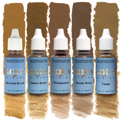 Aqua Global hybrid brow pigment collection featuring Beautiful Blonde, Classic Brown, Mochaccino, Navajo Brown, and Taupe, offering light to medium brow shades for permanent makeup artists across multiple undertones.