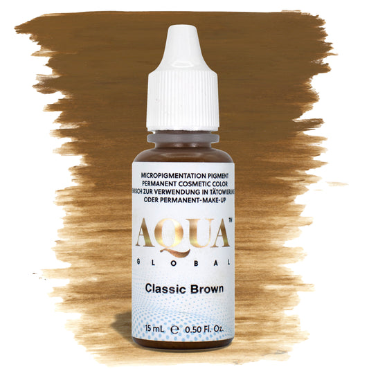 Aqua Global Classic Brown hybrid PMU brow pigment in a neutral medium brown shade, ideal for soft natural brows on Fitzpatrick 2–4 with balanced undertones.