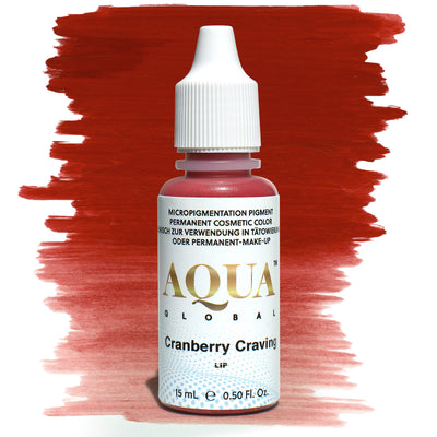 Bottle of Aqua Global Cranberry Craving PMU lip pigment with a deep red brushstroke background. Bold berry-red permanent makeup pigment for lips.