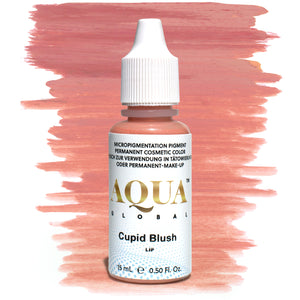Bottle of Aqua Global Cupid Blush PMU lip pigment with a soft peach-pink brushstroke background. Light, natural pink permanent makeup pigment for lip blush treatments.