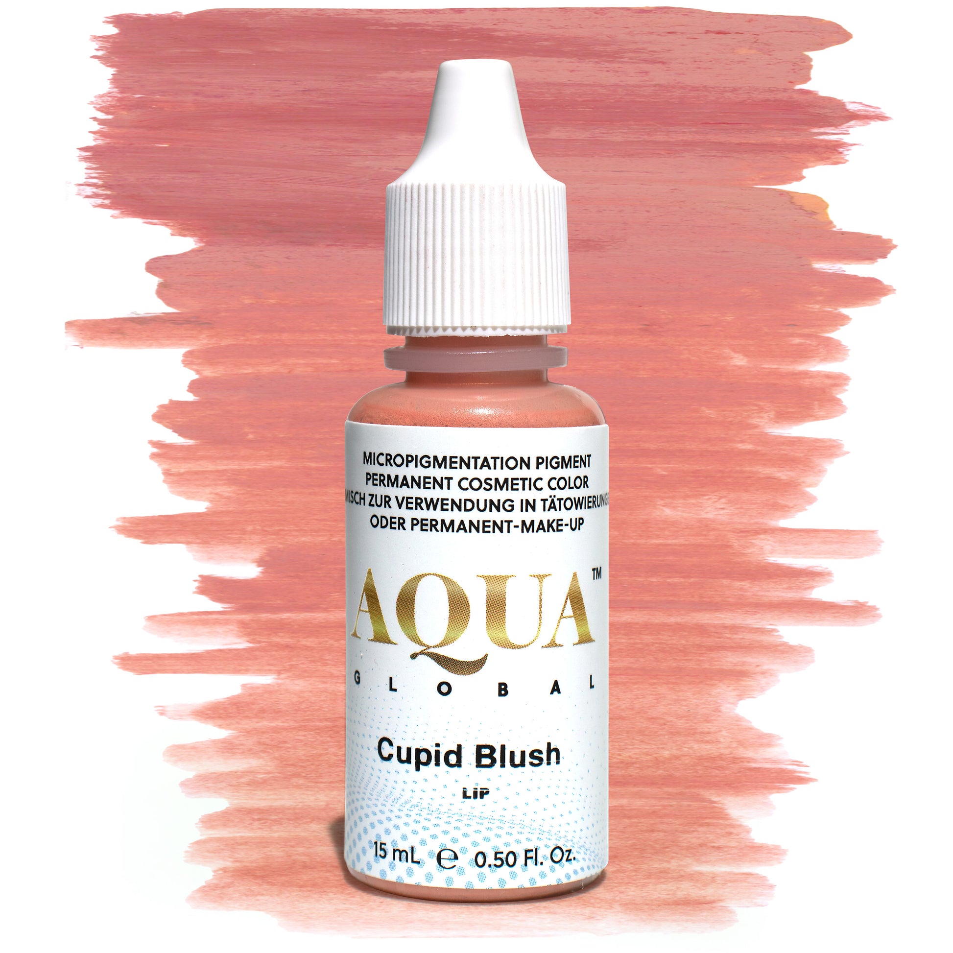 Bottle of Aqua Global Cupid Blush PMU lip pigment with a soft peach-pink brushstroke background. Light, natural pink permanent makeup pigment for lip blush treatments.