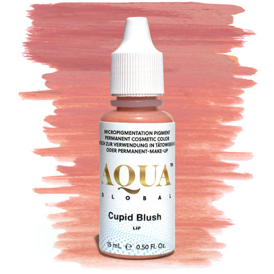 Bottle of Aqua Global Cupid Blush PMU lip pigment with a soft peach-pink brushstroke background. Light, natural pink permanent makeup pigment for lip blush treatments.
