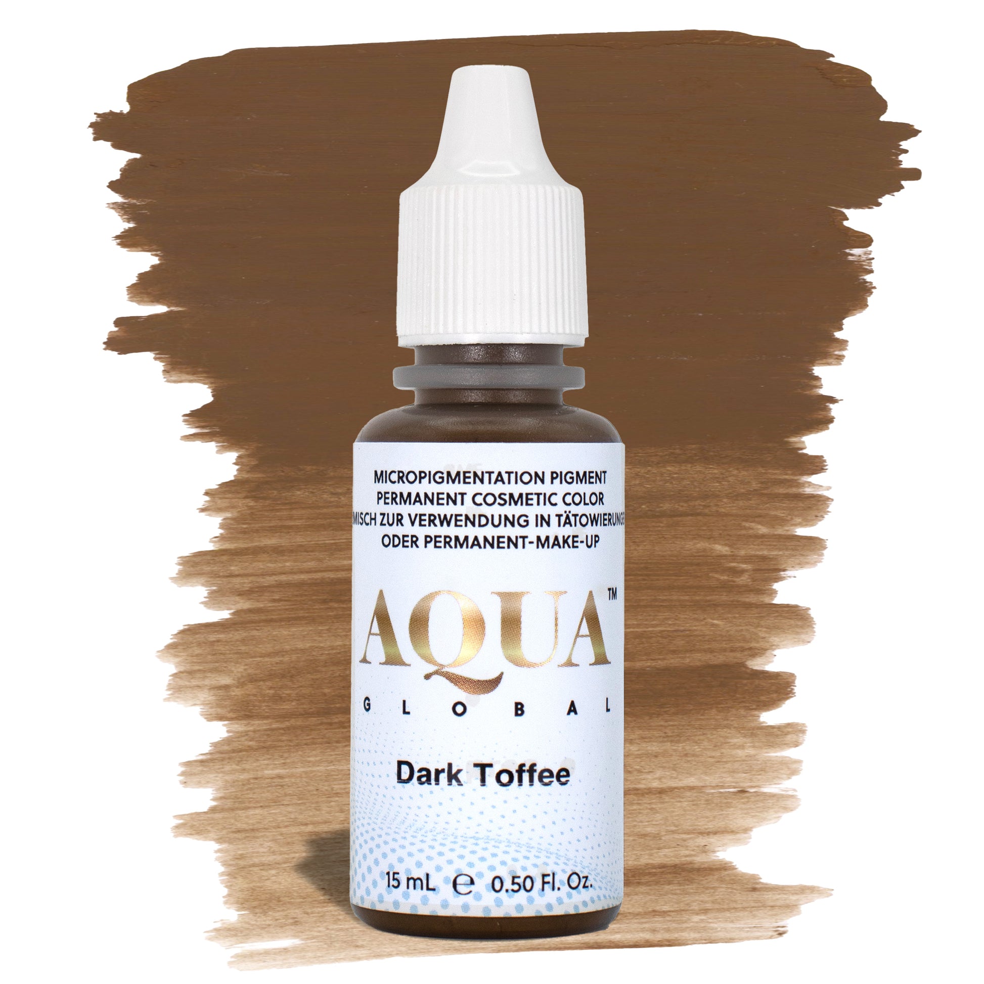 Aqua Global Dark Toffee hybrid PMU brow pigment in a warm medium-to-dark brown shade, ideal for clients with warm undertones or brunette hair on Fitzpatrick 3–5.