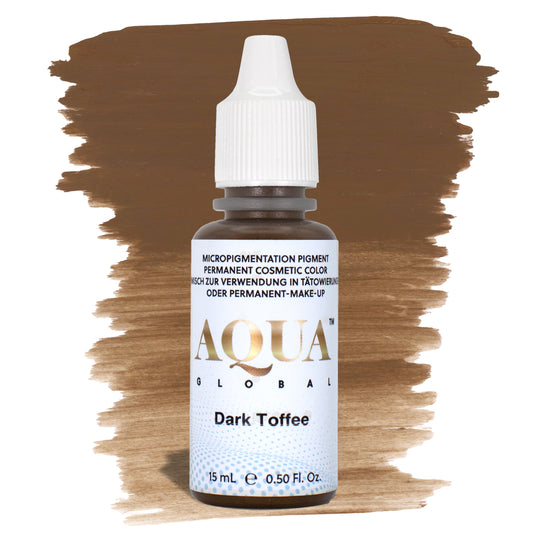 Aqua Global Dark Toffee hybrid PMU brow pigment in a warm medium-to-dark brown shade, ideal for clients with warm undertones or brunette hair on Fitzpatrick 3–5.