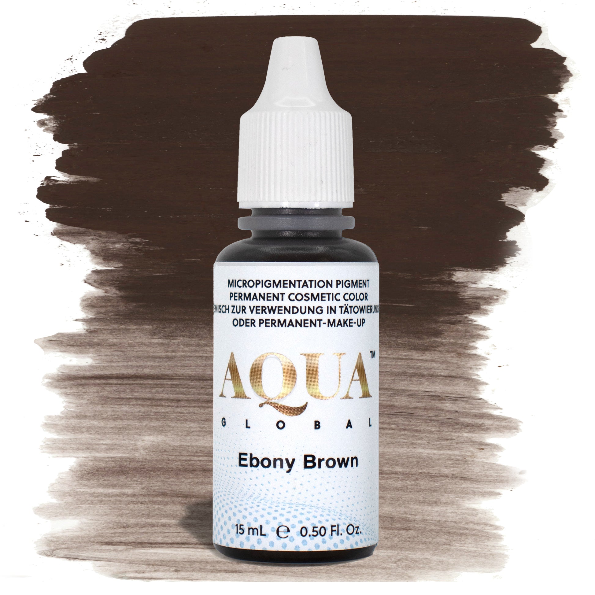 Aqua Global Ebony Brown hybrid PMU brow pigment in a deep cool dark brown shade, ideal for bold defined brows on Fitzpatrick 5–6 or for adding depth to darker brow mixes.