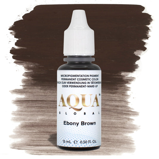 Aqua Global Ebony Brown hybrid PMU brow pigment in a deep cool dark brown shade, ideal for bold defined brows on Fitzpatrick 5–6 or for adding depth to darker brow mixes.