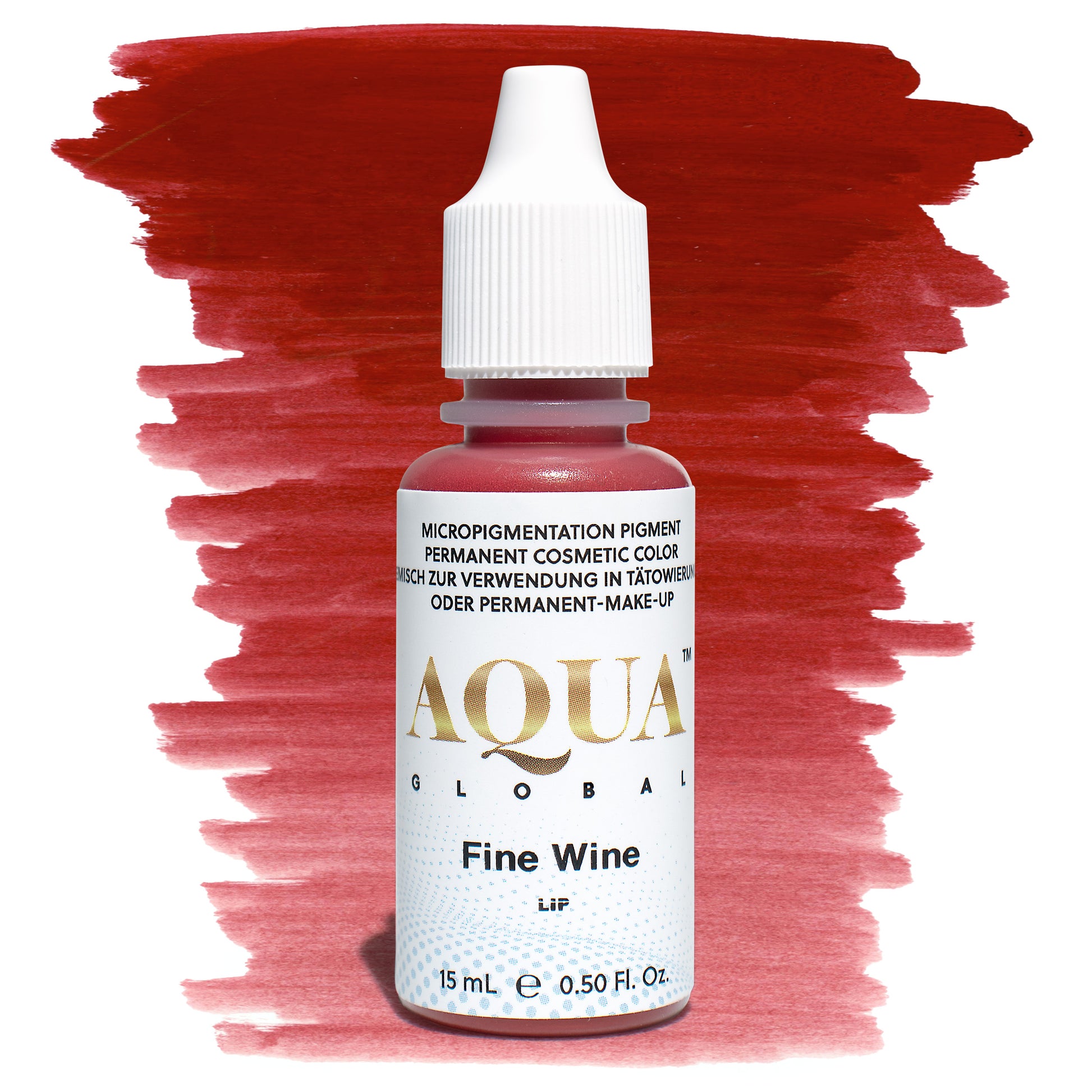 Bottle of Aqua Global Fine Wine PMU lip pigment with a rich red brushstroke background. Deep burgundy tone for bold, sophisticated permanent lip color.