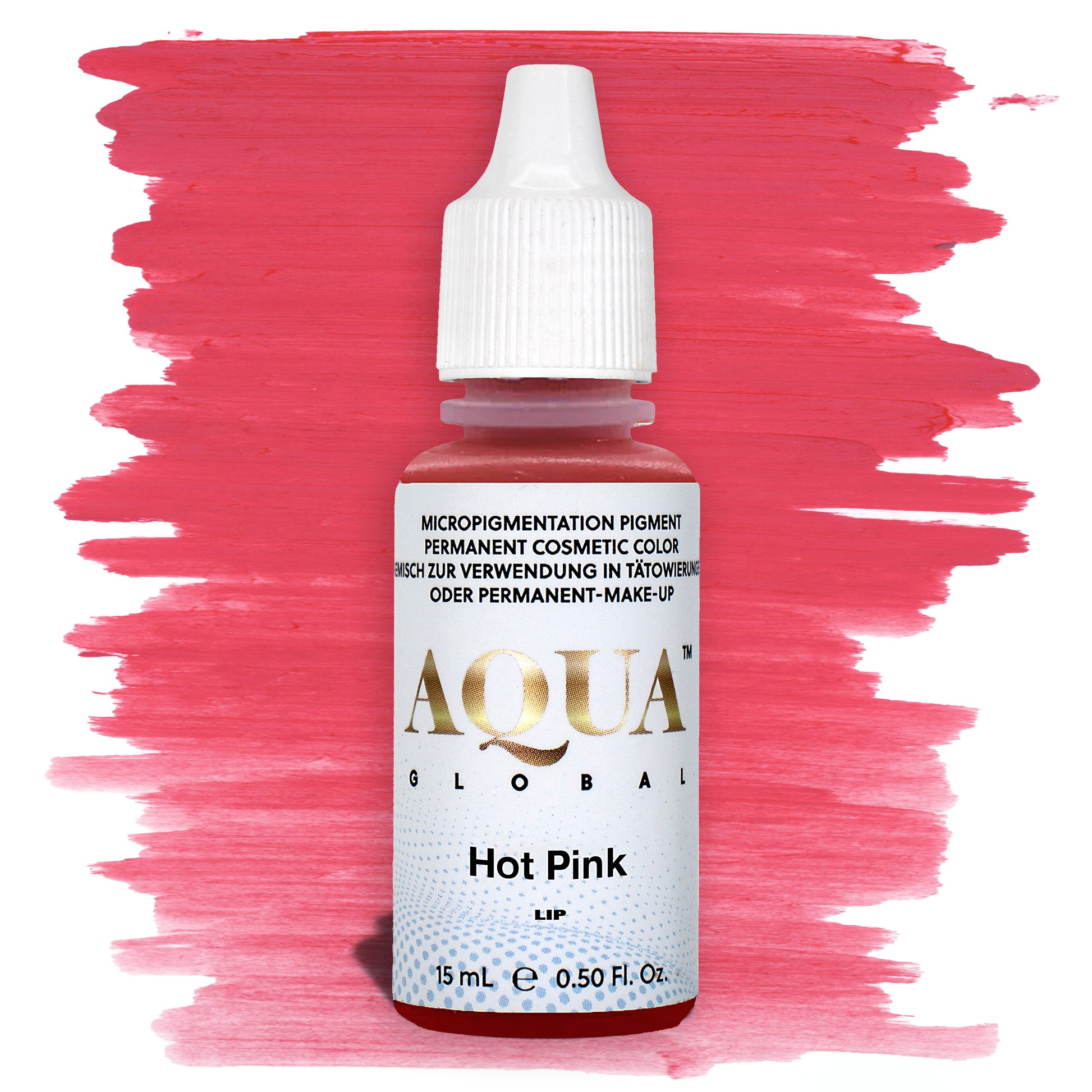 Bottle of Aqua Global Hot Pink PMU lip pigment with a vivid pink brushstroke background. Bright, bold lip blush pigment for vibrant healed color results.