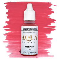 Bottle of Aqua Global Hot Pink PMU lip pigment with a vivid pink brushstroke background. Bright, bold lip blush pigment for vibrant healed color results.