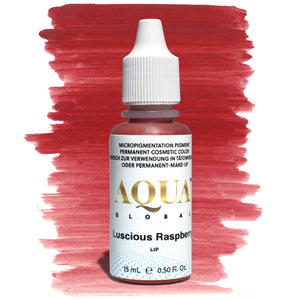 Bottle of Aqua Global Luscious Raspberry PMU lip pigment with a rich red brushstroke background. Deep berry-toned permanent makeup pigment for bold, elegant lip blush color.