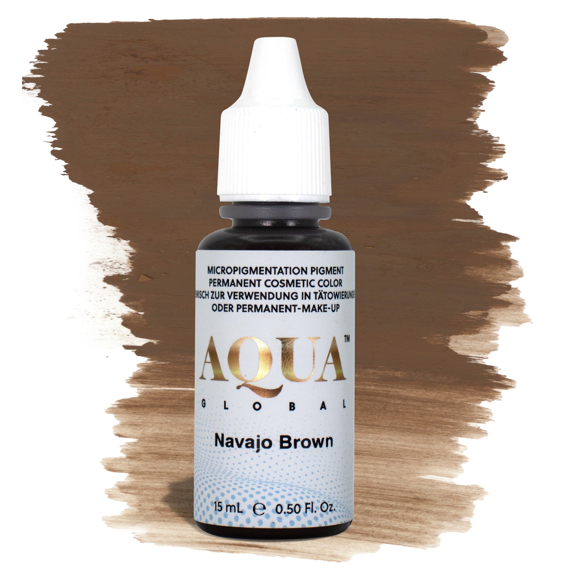 Aqua Global Navajo Brown hybrid PMU brow pigment in a neutral-warm medium brown shade for natural brow enhancement on Fitzpatrick 2–4 skin types.