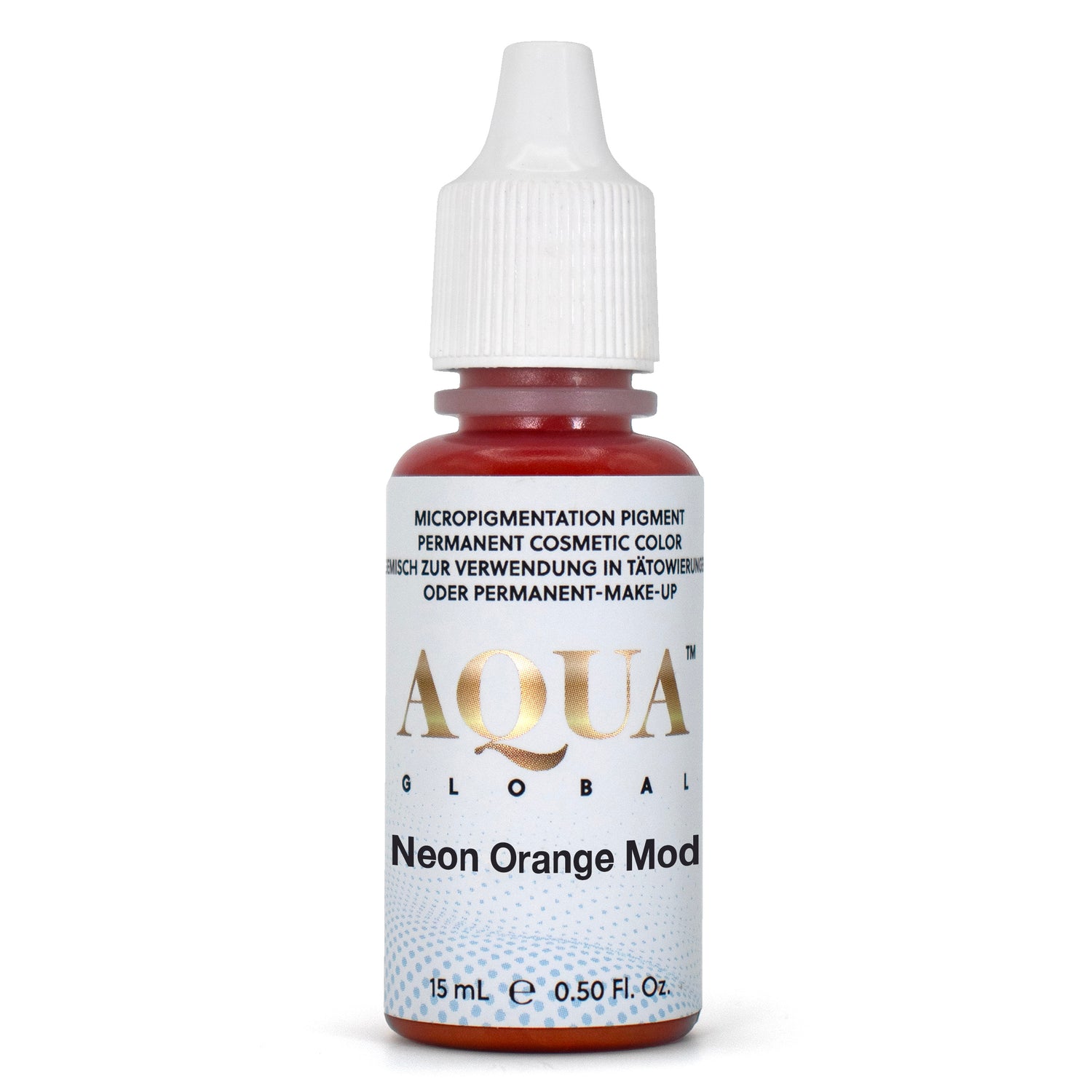 Aqua Global Neon Orange Mod PMU pigment bottle for color correction and warm adjustments in permanent makeup procedures.