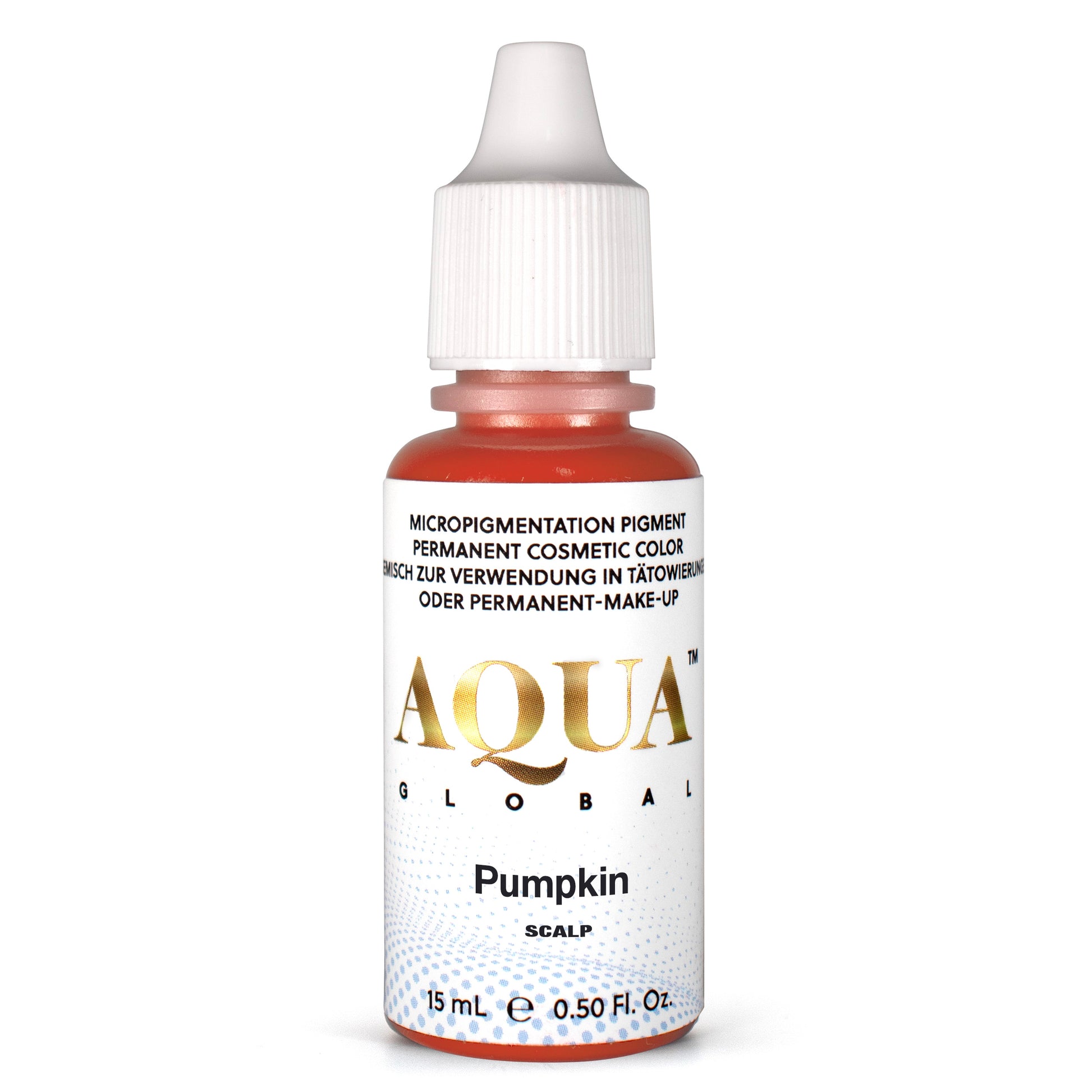 Bottle of Aqua Global Pumpkin scalp pigment for permanent makeup on a white background. SMP Pigment. SMP Correction. 
