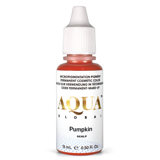 Bottle of Aqua Global Pumpkin scalp pigment for permanent makeup on a white background. SMP Pigment. SMP Correction. 