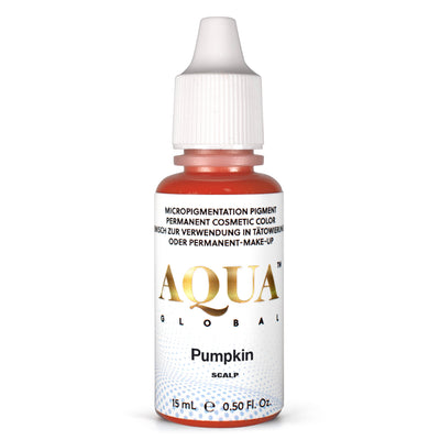 Bottle of Aqua Global Pumpkin scalp pigment for permanent makeup on a white background. SMP Pigment. SMP Correction. 