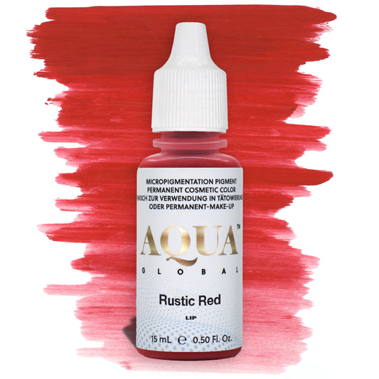 Bottle of Aqua Global Rustic Red PMU lip pigment with a red brushstroke background. Warm, natural red permanent makeup pigment for lip blush procedures.