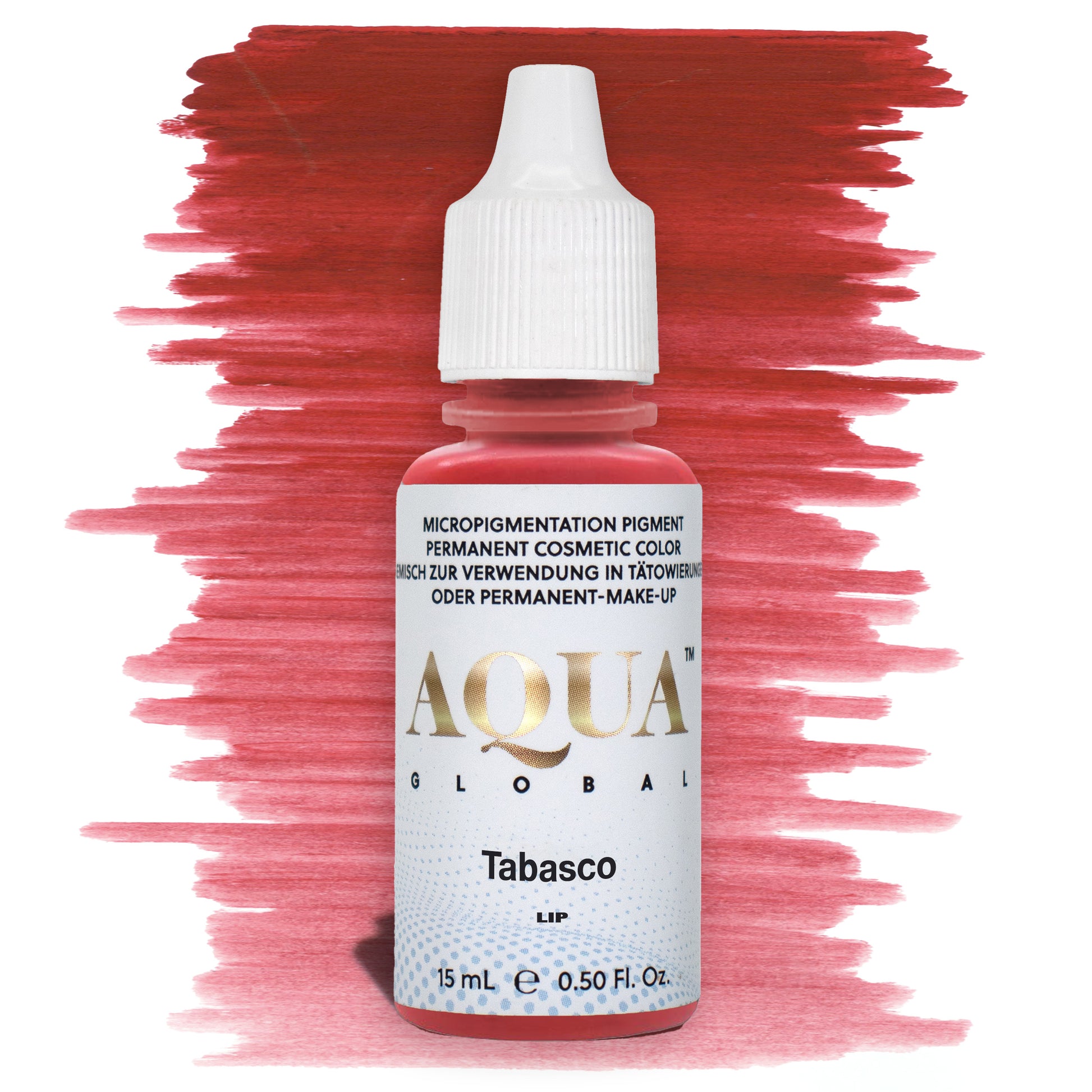Bottle of Aqua Global Tabasco PMU lip pigment with a red brushstroke background. Bright, spicy warm red permanent makeup pigment ideal for bold lip blush results.