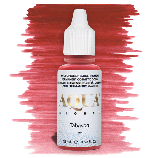 Bottle of Aqua Global Tabasco PMU lip pigment with a red brushstroke background. Bright, spicy warm red permanent makeup pigment ideal for bold lip blush results.