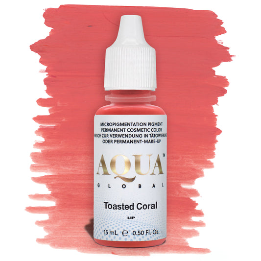 Bottle of Aqua Global Toasted Coral PMU lip pigment with a coral-pink brushstroke background. Warm, peachy-coral permanent makeup pigment for natural lip blush results.