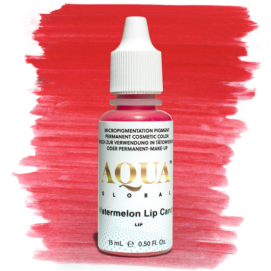 Bottle of Aqua Global Watermelon Lip Candy micropigmentation pigment with a vivid red swatch on a white background, used for permanent makeup lip blush.