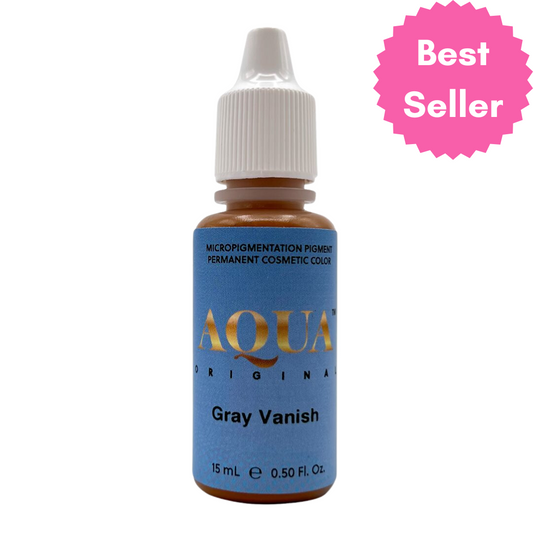 Aqua Gray Vanish permanent makeup pigment bottle with pink “Best Seller” badge, ideal for warming up gray or ashy brows.