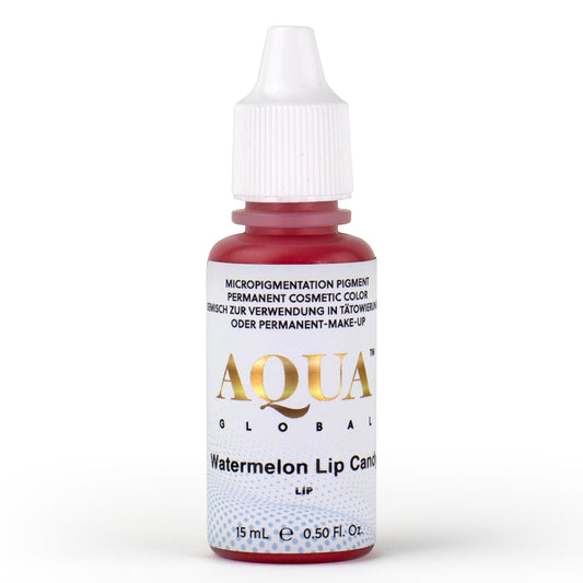 Aqua Lip Watermelon Lip Candy pigment bottle for permanent makeup in vibrant pink-red shade.