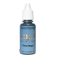 Bottle of Aqua Original Black Magic micropigmentation pigment on a white background, a rich black PMU pigment ideal for eyeliner, lash enhancement.