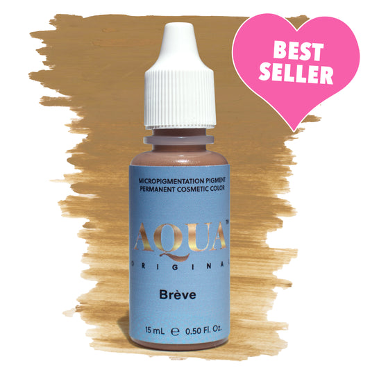 Aqua Original Brève micropigmentation pigment bottle with a neutral medium brown color swatch and pink “Best Seller” heart label on a white background – a balanced PMU brow pigment ideal for medium to dark blondes and light brunettes.