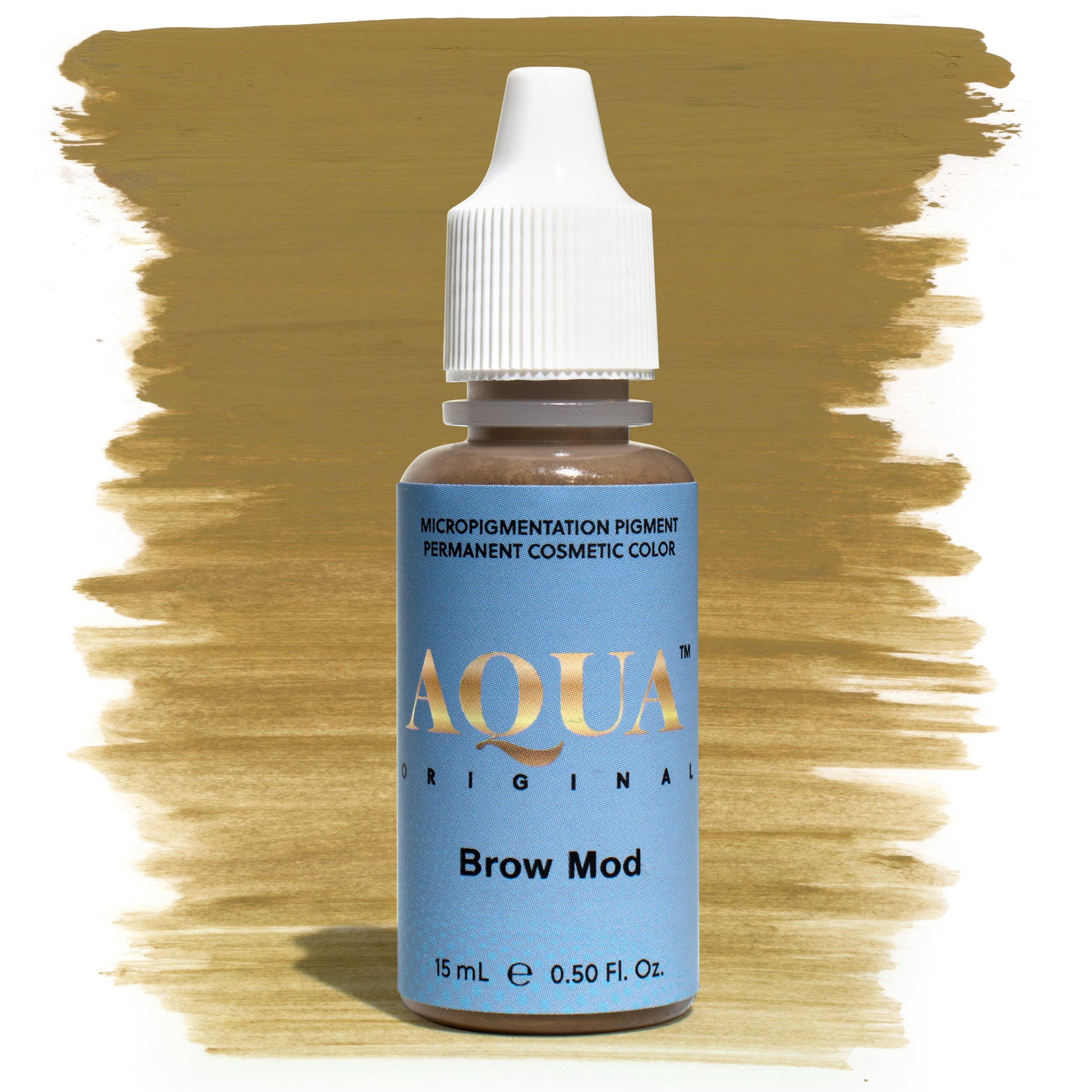 Bottle of Aqua Original Brow Mod pigment with a brown swatch on a white background, a PMU modifier used to neutralize pink or overly warm brows.