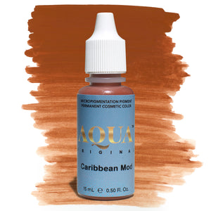 Bottle of Aqua Original Caribbean Mod micropigmentation pigment with a warm reddish-brown swatch on a white background, a PMU modifier used to neutralize cool, gray, or ashy eyebrow tones for natural, balanced results.