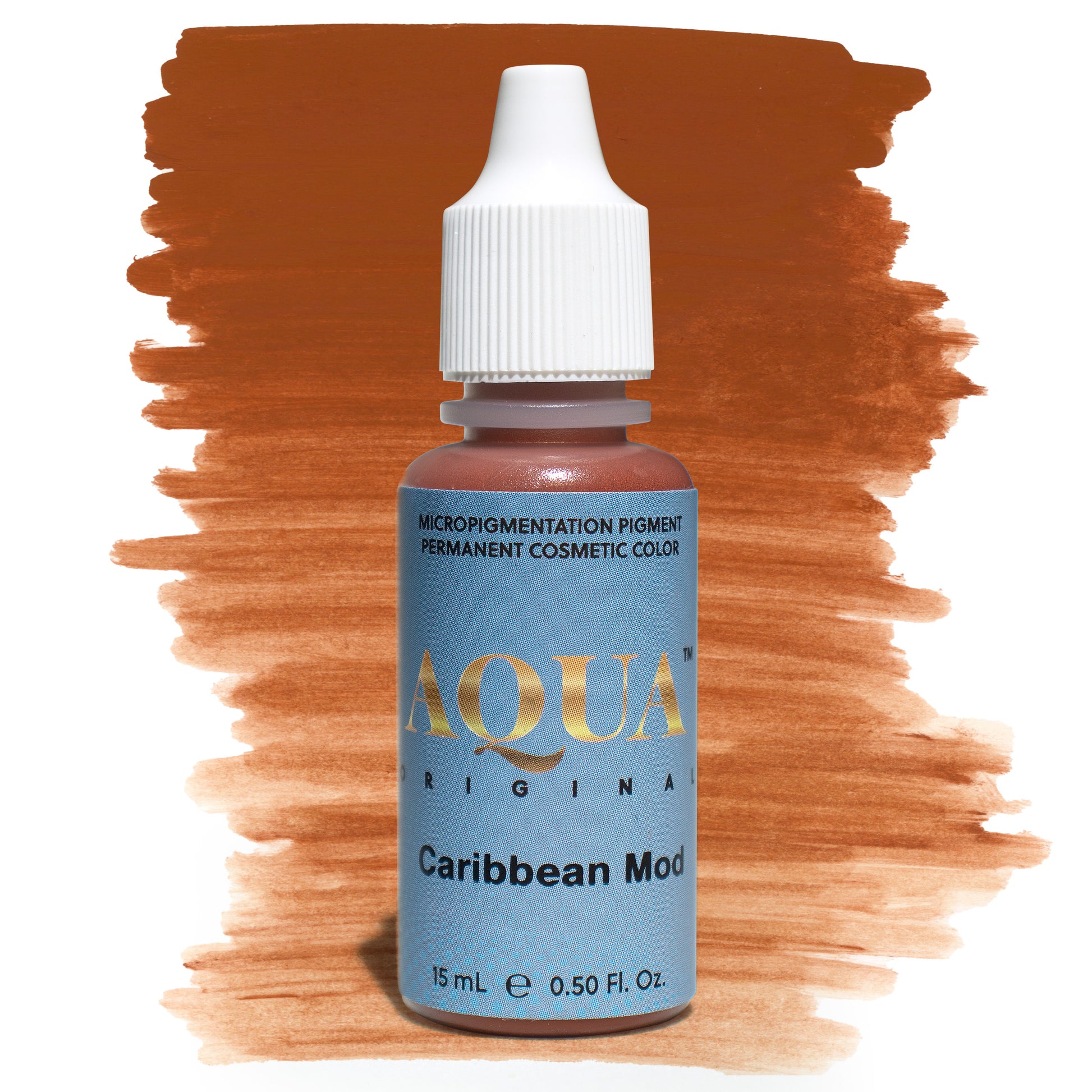 Bottle of Aqua Original Caribbean Mod micropigmentation pigment with a warm reddish-brown swatch on a white background, a PMU modifier used to neutralize cool, gray, or ashy eyebrow tones for natural, balanced results.