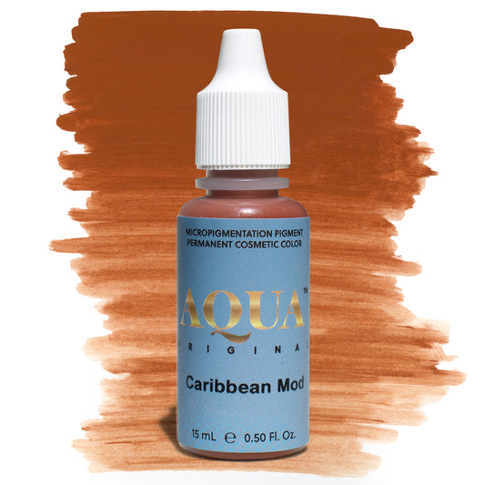 Bottle of Aqua Original Caribbean Mod micropigmentation pigment with a warm reddish-brown swatch on a white background, a PMU modifier used to neutralize cool, gray, or ashy eyebrow tones for natural, balanced results.