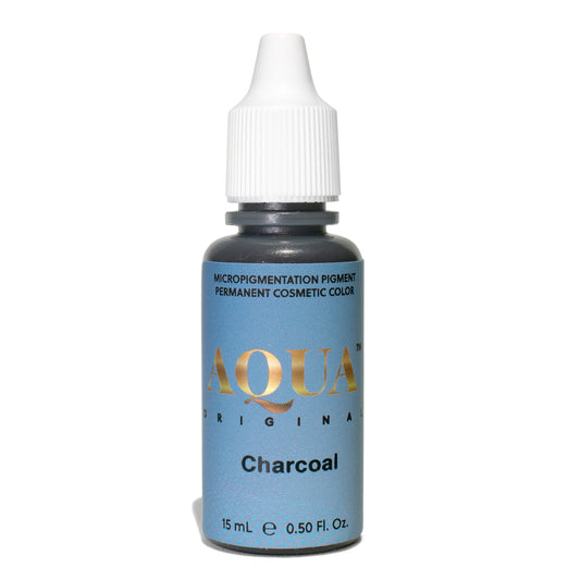 Aqua Original Charcoal micropigmentation pigment bottle on a white background – a cool black-gray PMU pigment ideal for eyeliner, lash enhancement, and correcting overly warm tones.