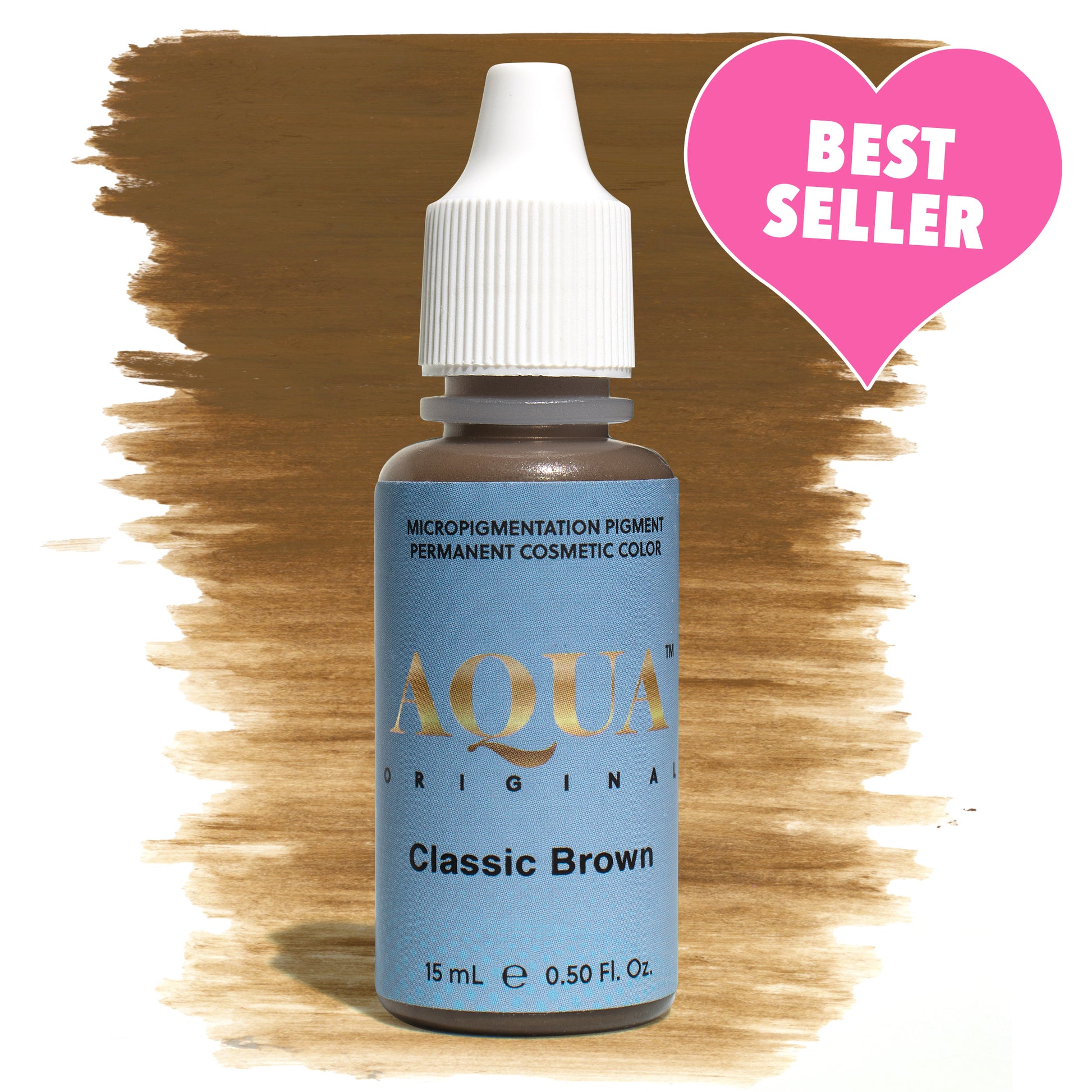 Aqua Original Classic Brown micropigmentation pigment bottle with a medium brown color swatch and pink “Best Seller” label – a timeless PMU brow pigment known for its natural, balanced tone on most skin types.