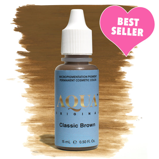 Aqua Original Classic Brown micropigmentation pigment bottle with a medium brown color swatch and pink “Best Seller” label – a timeless PMU brow pigment known for its natural, balanced tone on most skin types.
