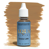 Aqua Original Crème Latte micropigmentation pigment bottle with a neutral light brown color swatch on a white background – a versatile PMU brow pigment for clients with fair to medium skin tones seeking soft, balanced results.