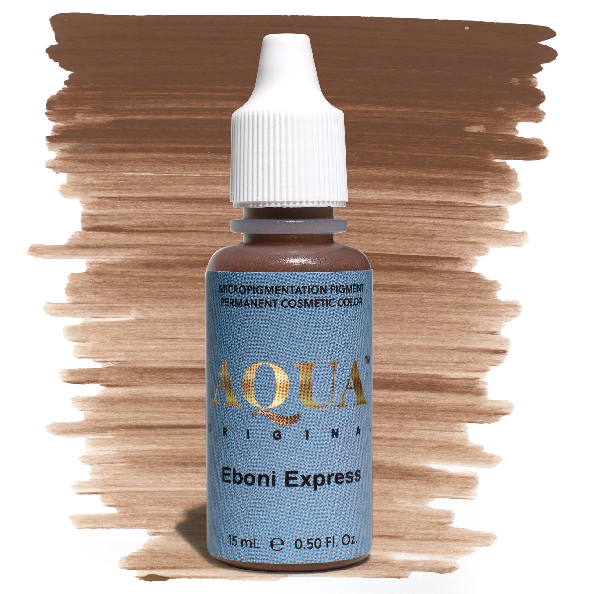 Aqua Original Eboni Express micropigmentation pigment bottle with a deep brown color swatch on a white background – a rich, cool-toned PMU pigment formulated for creating defined, dark brows on deeper skin tones.