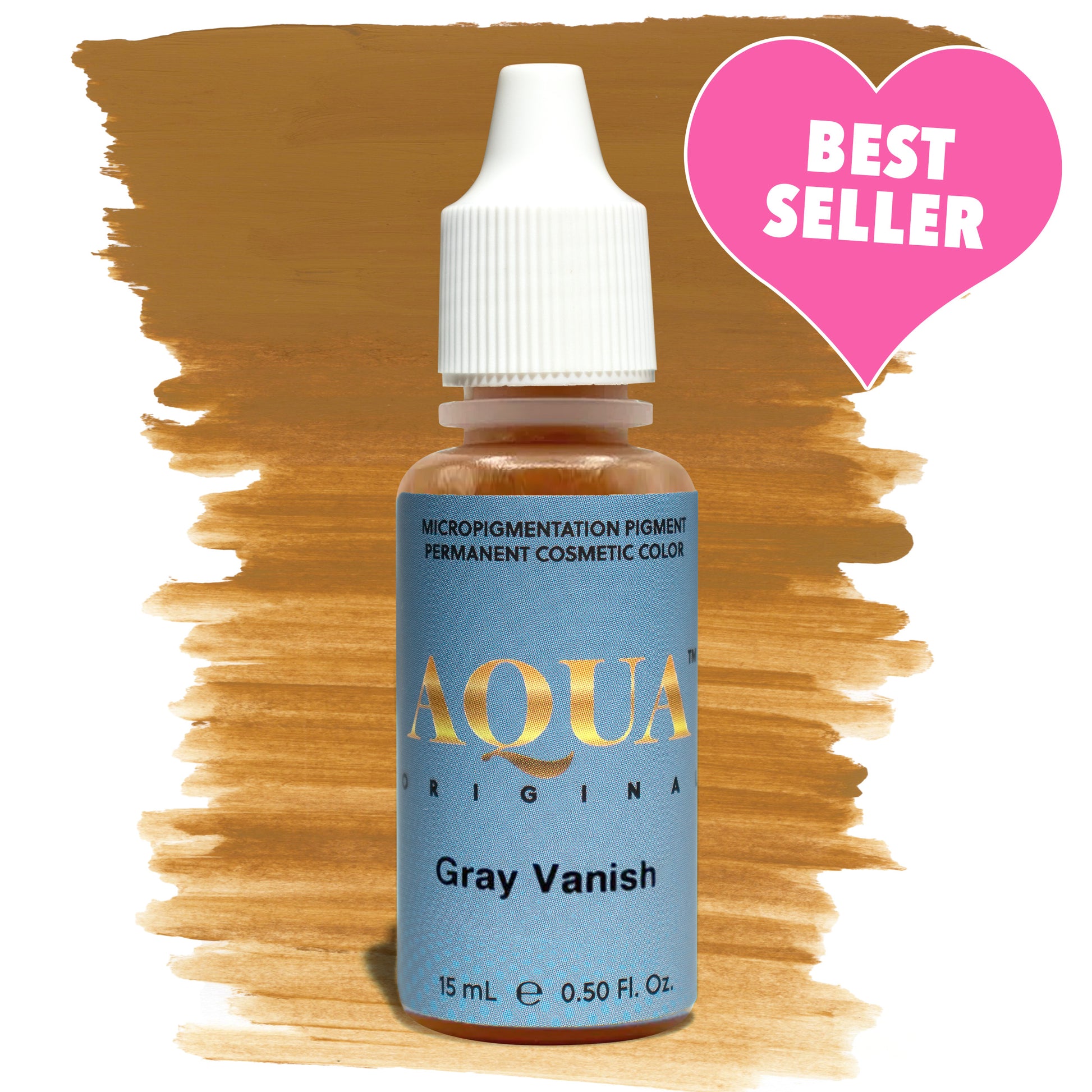 Bottle of Aqua Original Gray Vanish pigment with a brown swatch and a pink “Best Seller” heart label, a PMU modifier formulated to correct ashy, gray, or overly cool brows for warm, natural results.
