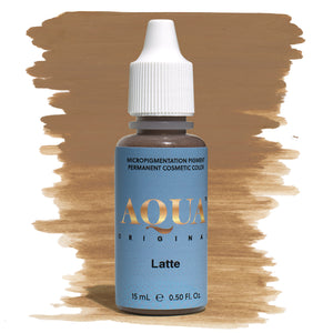 Aqua Original Latte micropigmentation pigment bottle with a warm light brown color swatch on a white background – a soft, warm-toned PMU pigment ideal for blonde to light brunette clients seeking natural brow results.