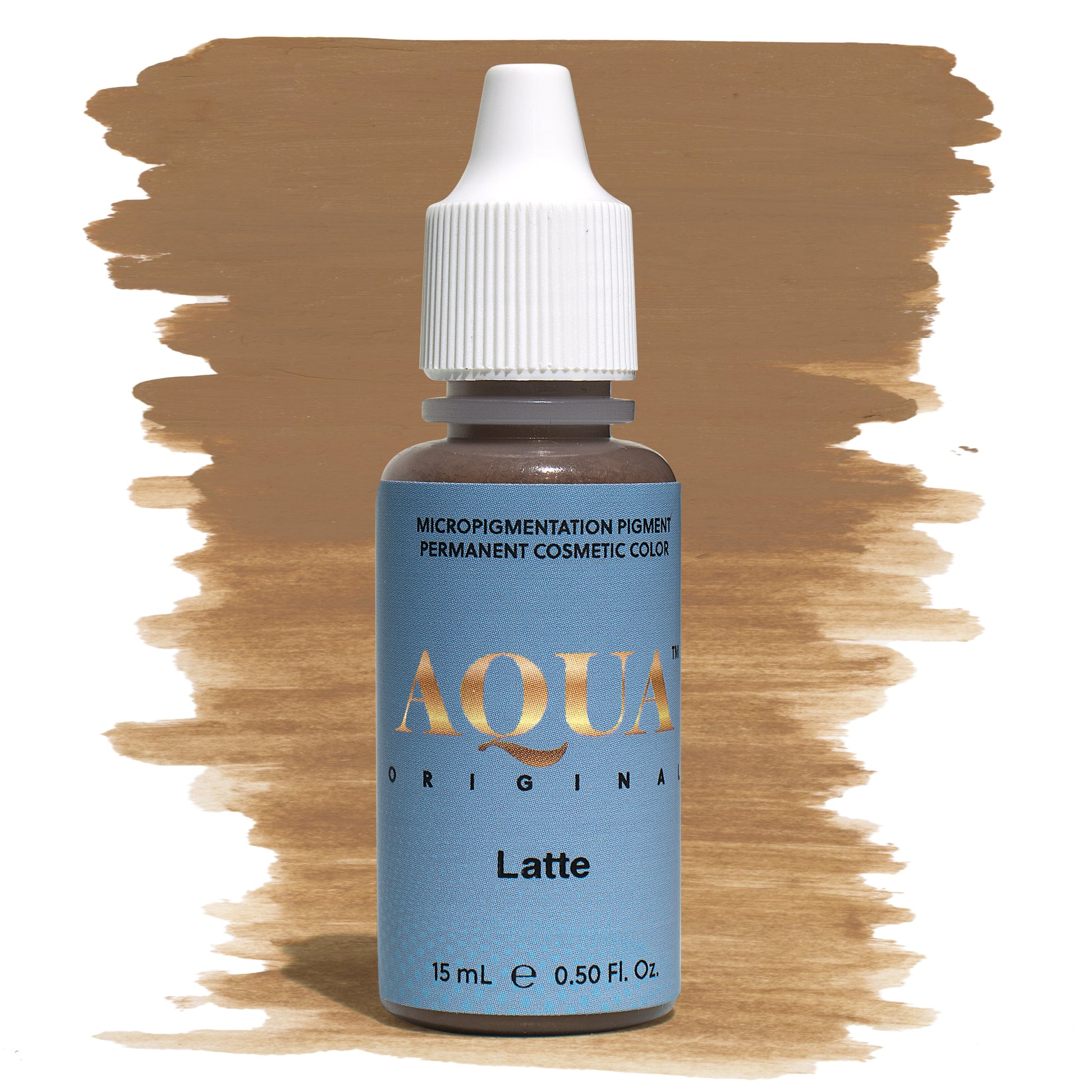 Aqua Original Latte micropigmentation pigment bottle with a warm light brown color swatch on a white background – a soft, warm-toned PMU pigment ideal for blonde to light brunette clients seeking natural brow results.