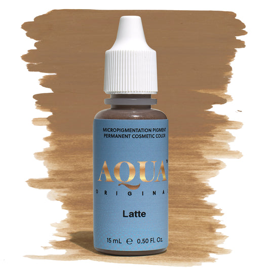 Aqua Original Latte micropigmentation pigment bottle with a warm light brown color swatch on a white background – a soft, warm-toned PMU pigment ideal for blonde to light brunette clients seeking natural brow results.