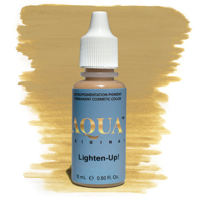 Bottle of Aqua Original Lighten-Up! micropigmentation pigment with a yellow swatch on a white background, a PMU modifier designed to lighten, soften, and adjust pigment tones for natural, balanced healed results.
