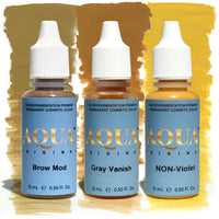 Three bottles of Aqua Original PMU pigment—Brow Mod, Gray Vanish, and Non-Violet—shown with warm color swatches on a white and yellow background, ideal for color correction and modification in permanent makeup.