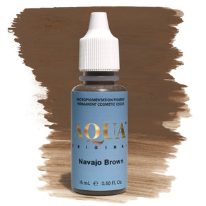 Aqua Original Navajo Brown micropigmentation pigment bottle with a medium brown color swatch on a white background – a neutral medium brown PMU pigment ideal for clients with light to medium skin tones.
