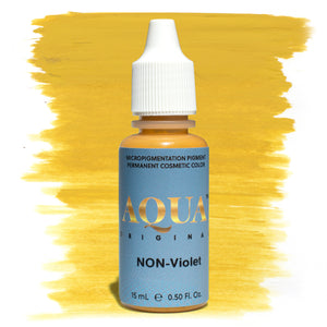 Bottle of Aqua Original Non-Violet pigment with a yellow swatch on a white background, a PMU modifier designed to neutralize violet or overly cool brows for natural, warm results